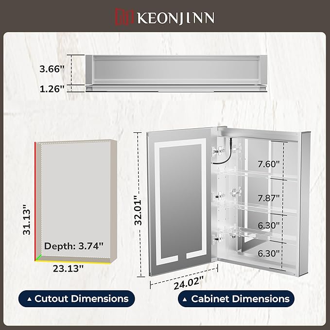 Keonjinn 24 x 32 Medicine Cabinet with Lights, LED Medicine Cabinet with Defogger and Outlets 3 Colors Dimmable with UL Listed LED Driver, Tempered Glass Surface/Recessed Mount Mirror with Storage