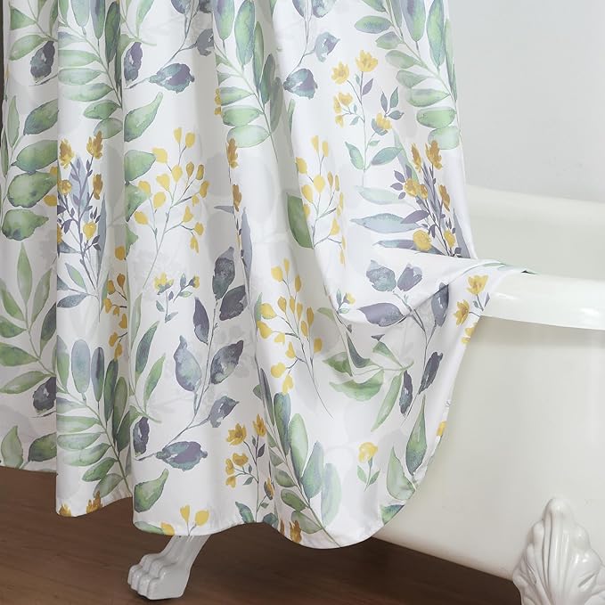 Fabric Shower Curtain, Sage Green Gray Yellow Watercolor Botanical Leaf Shower Curtains for Bathroom, 72" W x 72" H