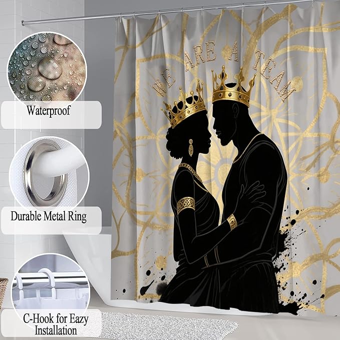 4 PCS Boho Black King Queen Shower Curtain Set with Waterproof Shower Curtain, Non-Slip Bath Mat, Rug, Toilet Lid Cover, Romantic Afrcian American Black Man Woman Halloween Bathroom Decor Set