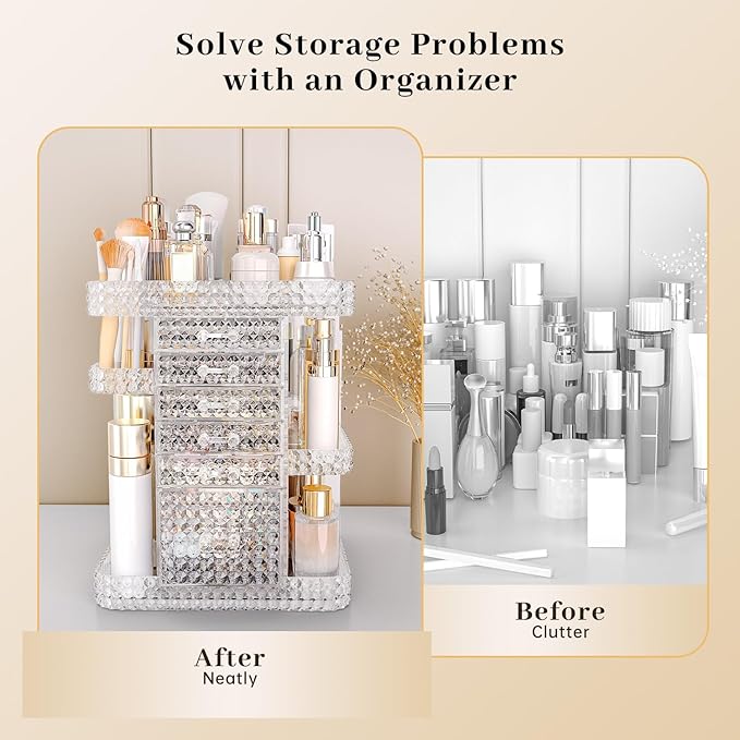 360 Rotating Makeup Organizer for Vanity, Large Skin Care Organizer with 6 Drawers Clear Acrylic Cosmetic Organizer Adjustable Spinning Makeup Storage Perfume Organizer for Dresser (Clear)