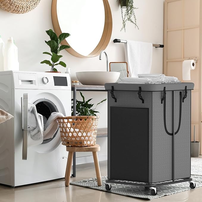 YKDIRECT 150L Large Laundry Hampers, Oxford Fabric Laundry Hampers Clothes Hampers, Metal Frame and Removable Bag Design with Wheels, Suitable for Bedroom, Bathroom, Dorm Room, Laundry Room (Grey)