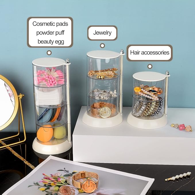 JessLab 4 Layer Clear Jewelry Organizer, 360?? Rotatable Acrylic Hair Accessory Organizer, Hair Clip and Tie, Earring Storage for Bathroom Vanity Countertop