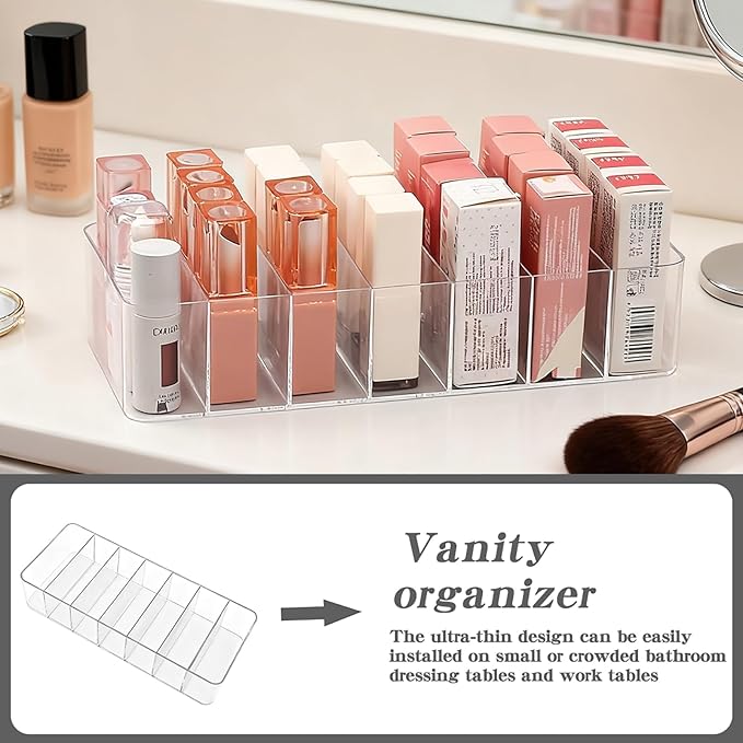 2 Pack Clear Acrylic Makeup Organizers, 7-Section Bathroom Organizer for Drawer, Cosmetic Display Cases, Blushes Highlighters Eyeshadow Powder Makeup Organizer Holder Storage