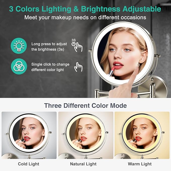 30X/1X Lighted Makeup Mirror with Magnification, 8.5inch 3000mAh Rechargeable Magnifying Mirror with Light, 3 Color Lights,Touch Dimmable,Extended Arm 360 Rotation Wall Mounted Makeup Mirror