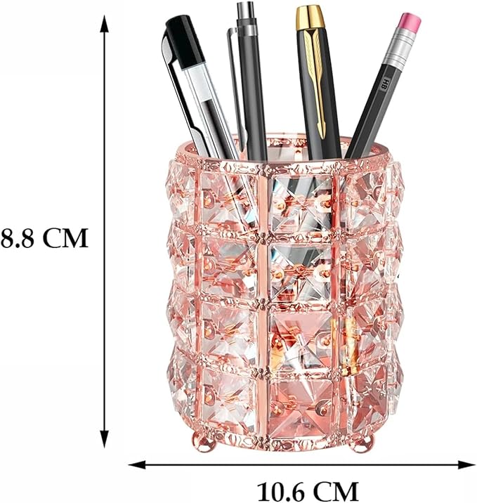AKOAK 1 Pack Crystal Makeup Brush Holder Office Supplies Storage Rack Eyebrow Pencil/Lipstick/Pencil Makeup Container, Dressing Table, Bedroom, Office (Rose Gold)