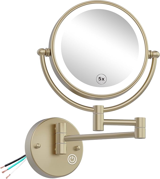 8" Hardwired Wall Mounted Magnifying Mirror with Lights, 1X/5X Double Sided 3-Colors LED Lighting Touch Dimming Extended Arm 360 Rotation Brass Makeup Mirror for Bathroom, Satin Brushed Gold