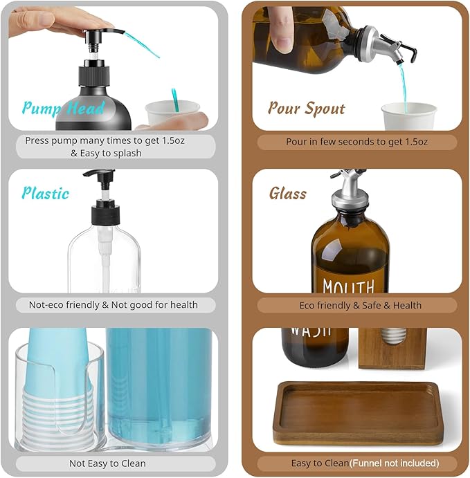Amber Glass Mouthwash Dispenser for Bathroom, 16 OZ Mouthwash Dispenser with Pour Spout and Acacia Wood Cup Holder and Tray, Mouth Wash Bottle Container for Kitchen Bathroom Decor and Accessories