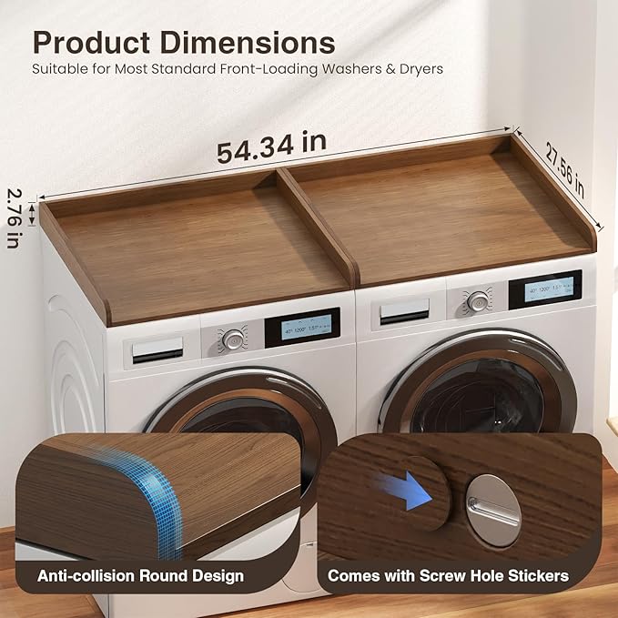 Washer Dryer Countertop Set of 2, 54.34" L x 27.56" W x 2.76" H Laundry Topper for Washer and Dryer, Wood Laundry Countertop with Anti-Slip Pads & Edge Rails for Laundry Room Organization (Dark Wood)