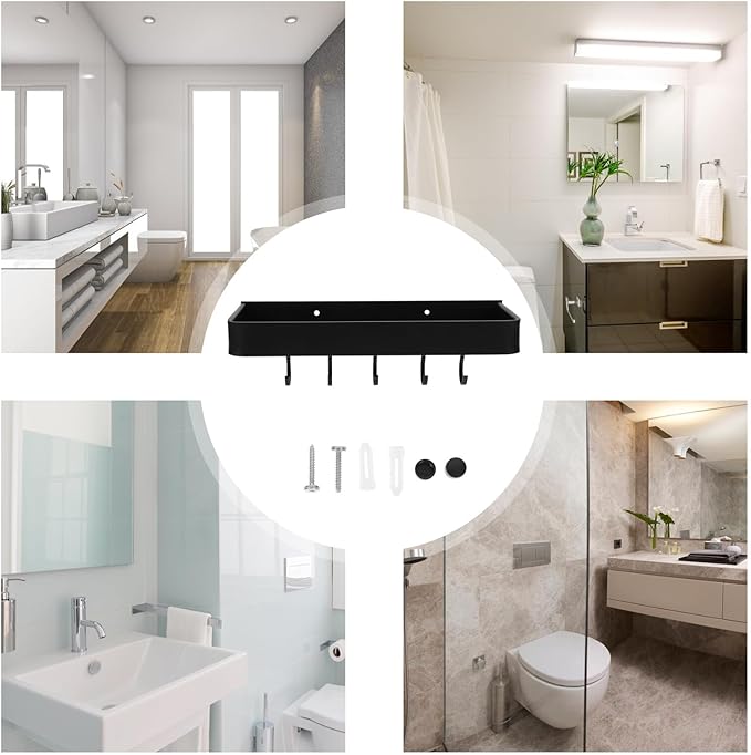 Wall-Mounted Aluminum Bathroom Shelf with Hooks, 30cm Floating Wall Holder Storage Rack for Bathroom Accessories and Toiletries