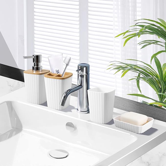 XLHOMO Bathroom Accessory Set, 9-Piece White Bathroom Set with Trash Can, Tray, Soap Dispenser, Toothbrush Holder, Toothbrush Cup, Soap Dish, Toilet Brush and Q-tip Holders for Bathroom/Housewarming