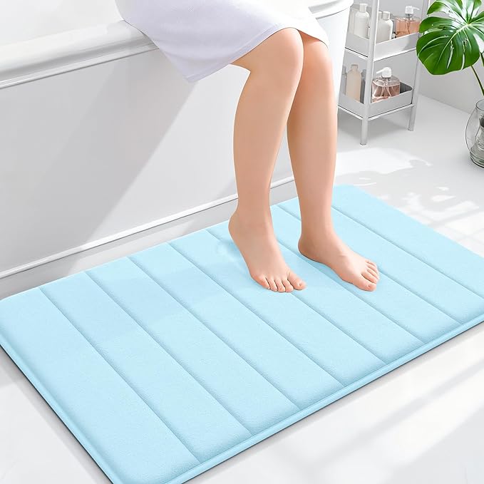 OLANLY Memory Foam Bath Mat 36x24, Super Soft Absorbent Bathroom Rugs, Quick Dry, Machine Washable Shower Floor Rugs, Bathmat Carpet, Bathroom Home Decor Accessories, Sky Blue