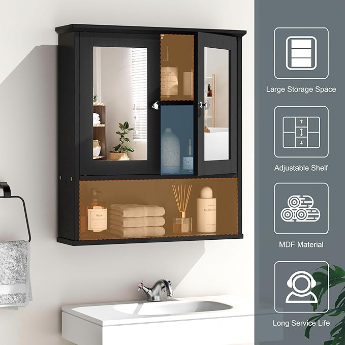 DL-win Medicine Cabinets with Mirror, Wall Mounted Bathroom Cabinet with Adjustable Shelves, Black Storage Organizer for Toiletries, Towels & Daily Essentials