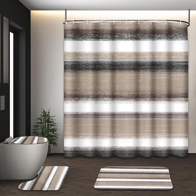 Stripes Taupe Shower Curtain Set with Toilet Lid Cover and Non-Slip Rugs for Bathroom, Watercolor Abstract Painting Art 4 Pcs Shower Curtain, Modern Bathroom Set with 12 Hooks