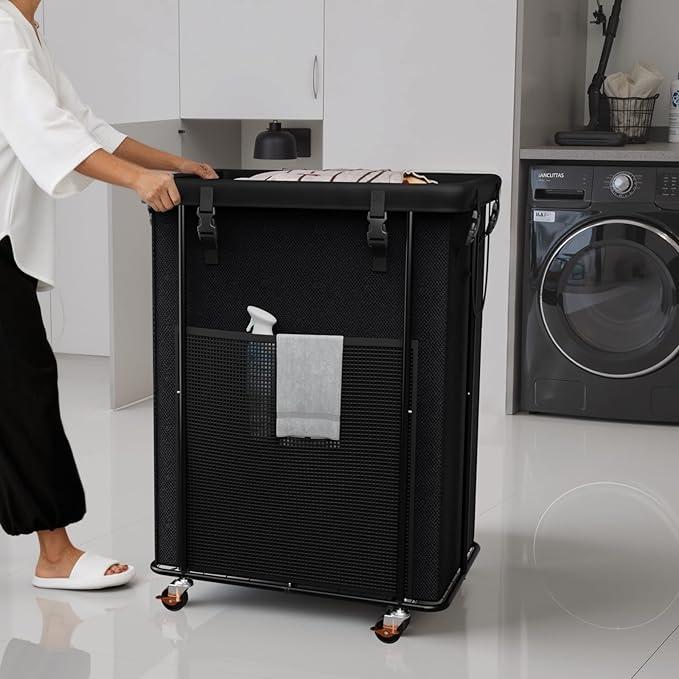 220L Laundry Hamper with Cover, Rolling Laundry Basket with Wheels, Large & Tall Dirty Clothes Hamper with Metal Frame and Removable Bag for Bedroom Aesthetic, Laundry Room, Bathroom, Dorm