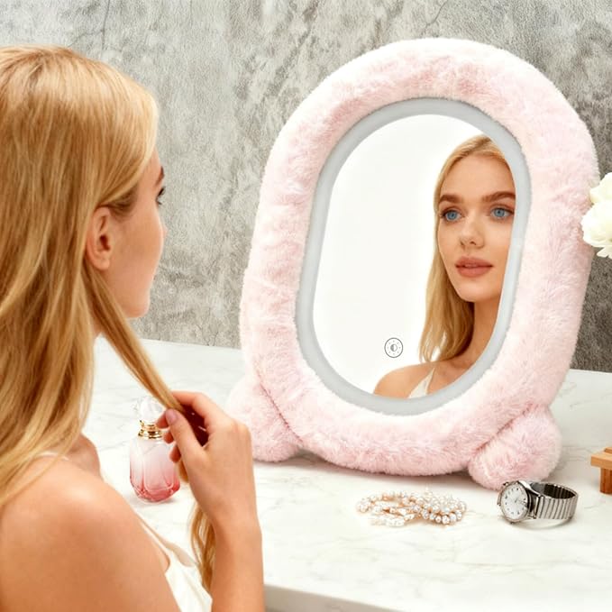 Lighted Makeup Mirror, 12”x16” Vanity Mirror with 3 Colors, Fur Wrapped Cosmetic Light Up Mirror Smart Touch Dimmable 3 Modes Light Tabletop Compact Mirror for Women Girlfriend Gift (Pink)