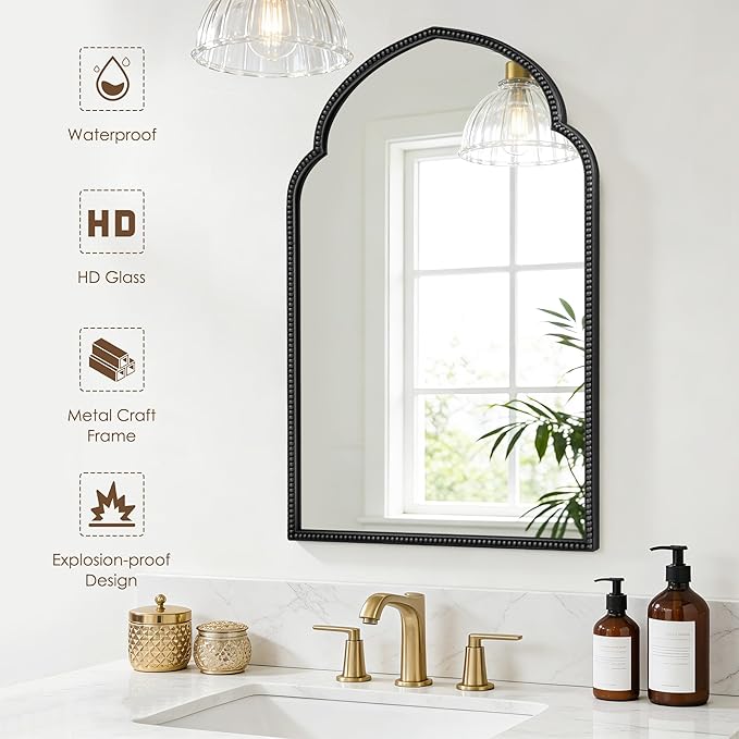 SogesHome Wall-Mounted Bathroom Mirror Cabinet, Irregular Arched Design, 19.7 x 29.9 Inch Retro Elegant Decoration Medicine Cabinet with Removable Shelves, Recessed Vanity Organizer, Black