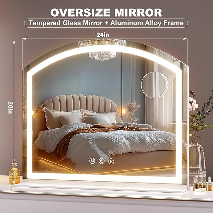 Hasipu Arch Vanity Mirror with Light, 24"x20" Arched Led Makeup Mirror with 10X Magnification, Tabletop Desk Mirrors with USB Charging Port, Dimmable 3 Colors Mode