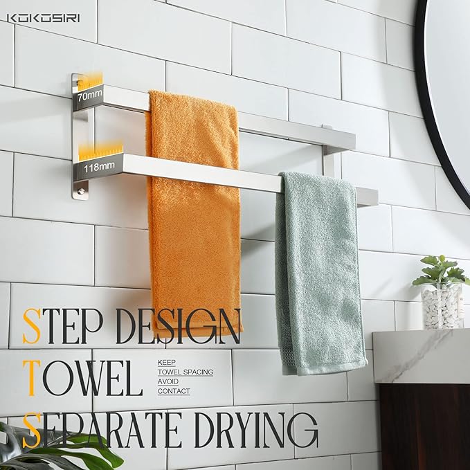 KOKOSIRI Bath Towel Bars Bathroom 2-Tiers Ladder Towel Rails 24-Inch Towel Holders Wall Mounted Towels Shelves Rack Brushed Stainless Steel, B5008BR-L24