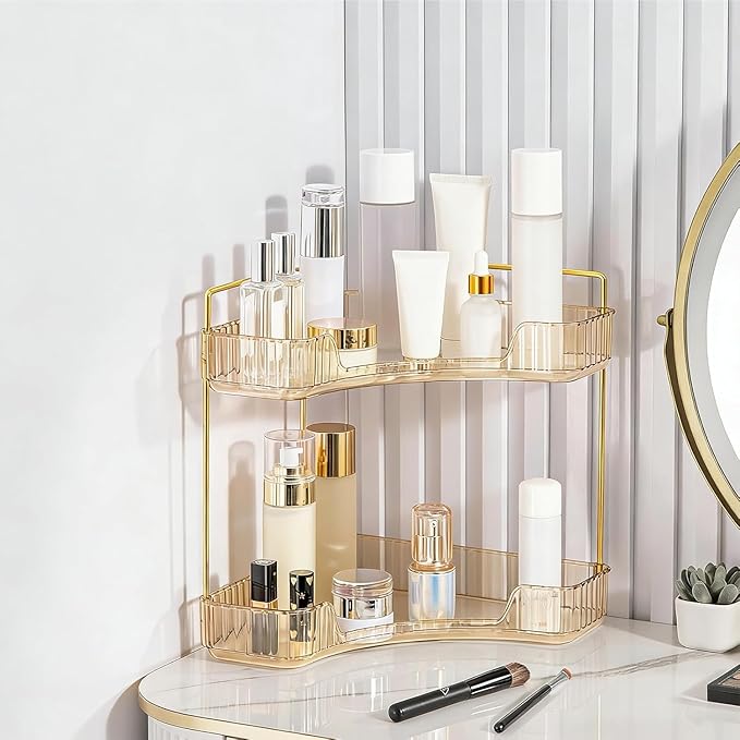 Multi-Tier Corner Countertop Organizer Rack, Makeup Organizers for Vanity, Practical Shelf for Toiletries and Accessories, Corner Counter Storage for Bathroom Dresser (Gold-2Tier)