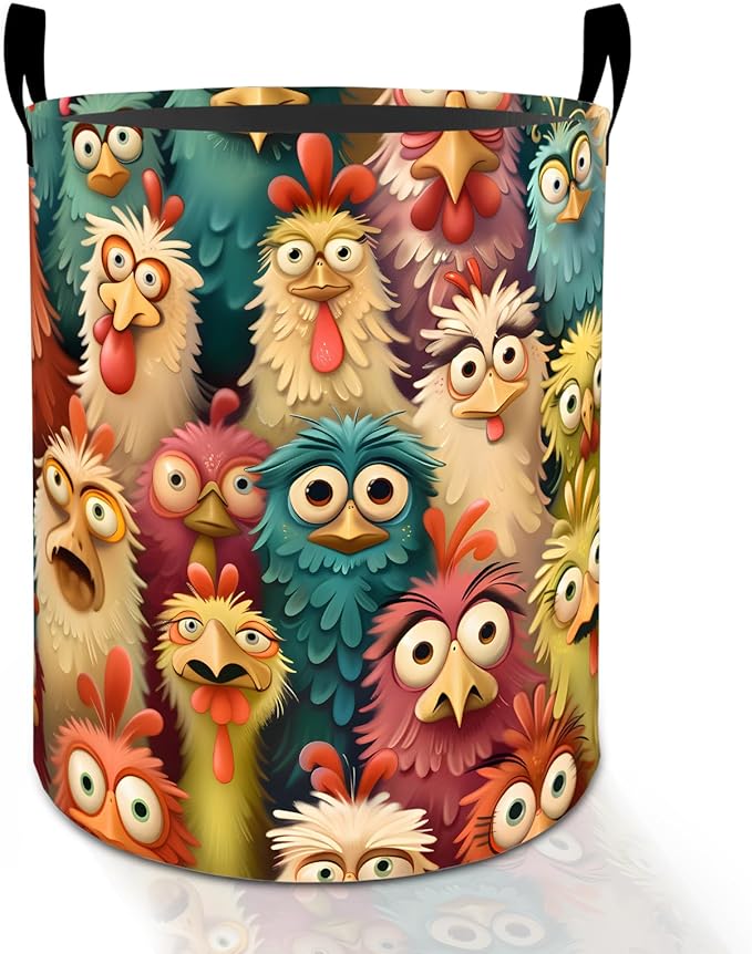Funny Crazy Chicken Laundry Basket Hamper for Boys Girls Kids Adults, Foldable Waterproof Oxford Clothes Storage Bin, Colorful Cartoon Farm Organizer for Bedroom Bathroom Room Decor 19.7"x15.8"