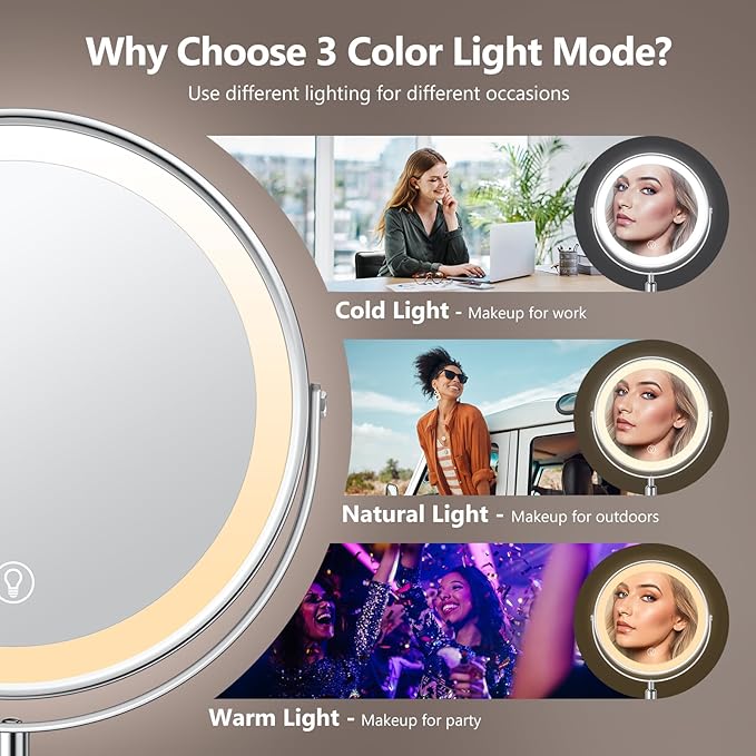 UBYMET Lighted Makeup Mirror, Rechargeable Height Adjustable Double Sided, 1x/10x Magnifying with 3 Color, Brightness Adjustable, 360° Rotation Vanity, Gift for Women