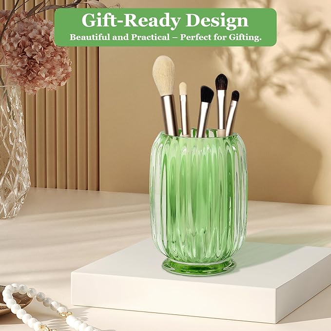 Makeup Brush Holder, Thick Glass Makeup Brush Organizer Cup, 4.8" Tall for Vanity Hair Brush Holder Brushes Storage, Makeup Brush Holder Organizer organizador de brochas de maquillaje Crystal Green
