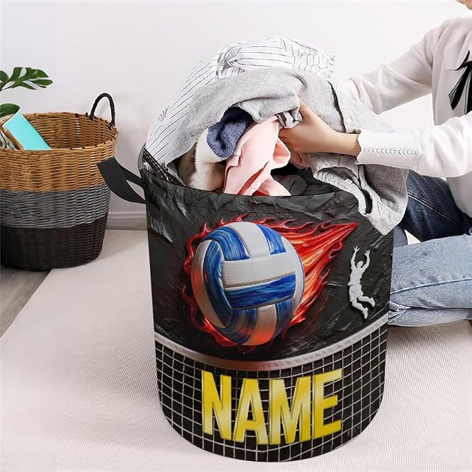Personalized Volleyball Laundry Hamper Custom Name Funny Dirty Clothes Laundry Basket Portable Storage Basket For Home Bathroom Family Volleyball Lovers Xmas Birthday (style 17)