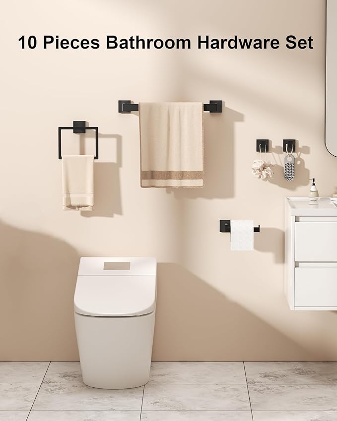 10-Piece Matte Black Bathroom Hardware Set, 16 Inch Towel Bar Set with Towel Bars, Hooks, Toilet Paper Holders | Modern Bathroom Fixtures & Accessories Kit