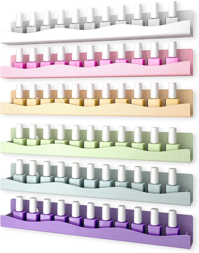 6 Colors Nail Polish Wall Mounted Shelf,15 Inch Nail Polish Floating Shelves for 66-90 Bottles Multi-Purpose,Ideal Gift, Great Display for Salons Retailers,6 pack