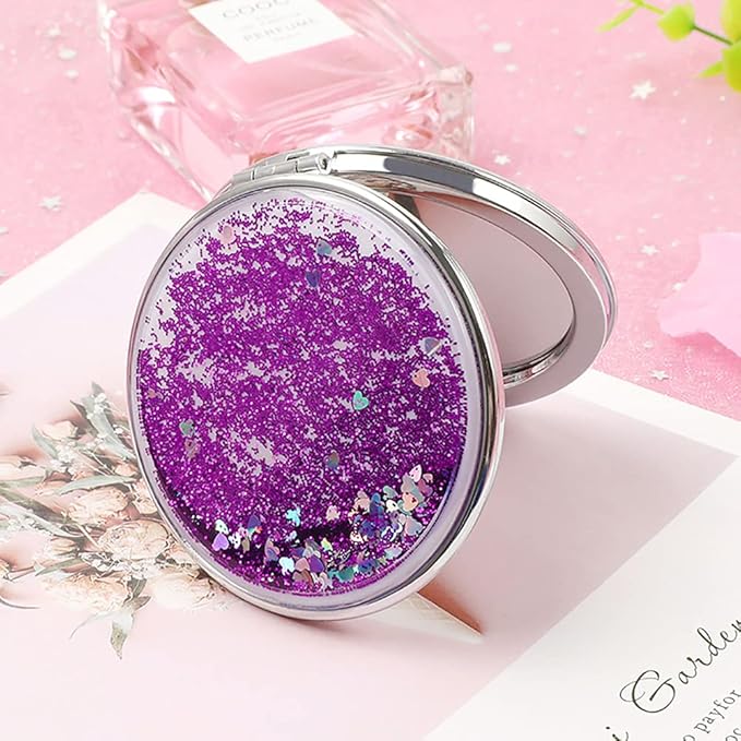 AKOAK 1 Pack Compact Mirror, Portable Quicksand Pocket Travel Makeup Mirror, Folding Hand-held Double Sided 1x/2x Magnifying Glass, Great Gift for Women and Girls (Purple)