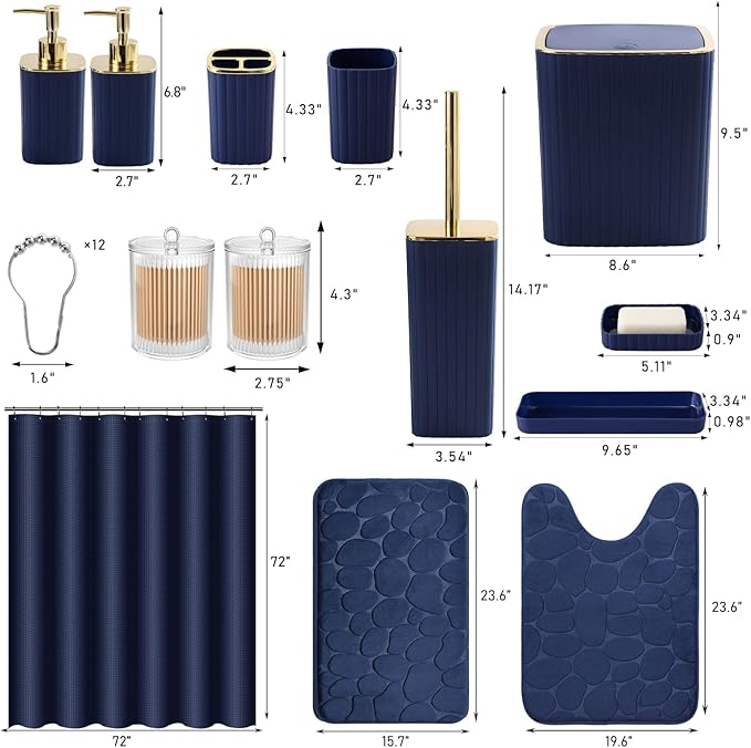 XLHOMO Bathroom Set with Shower Curtain and Rugs- 25PC Blue Bathroom Accessory Set, Navy Blue Shower Curtain Set, Toilet Brush, Trash Can, Qtip Holder & Soap Dispenser