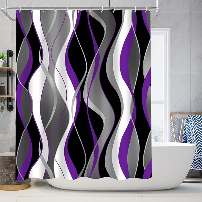 Nkzply 4 Pcs Purple Shower Curtain Black Bathroom Sets with Shower Curtain and Rugs Grey Modern Striped Shower Curtain Set White Bathroom Rugs Set Bathroom Decor and Accessories Toilet Lid Cover Hooks