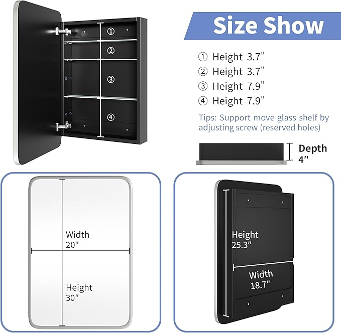AGDULL Bathroom Wood Black Cabinet with 20''x30'' Brushed Nickel Metal Frame Curved Mirror, Recessed Medicine Cabinet, Bathroom Storage Cabinet