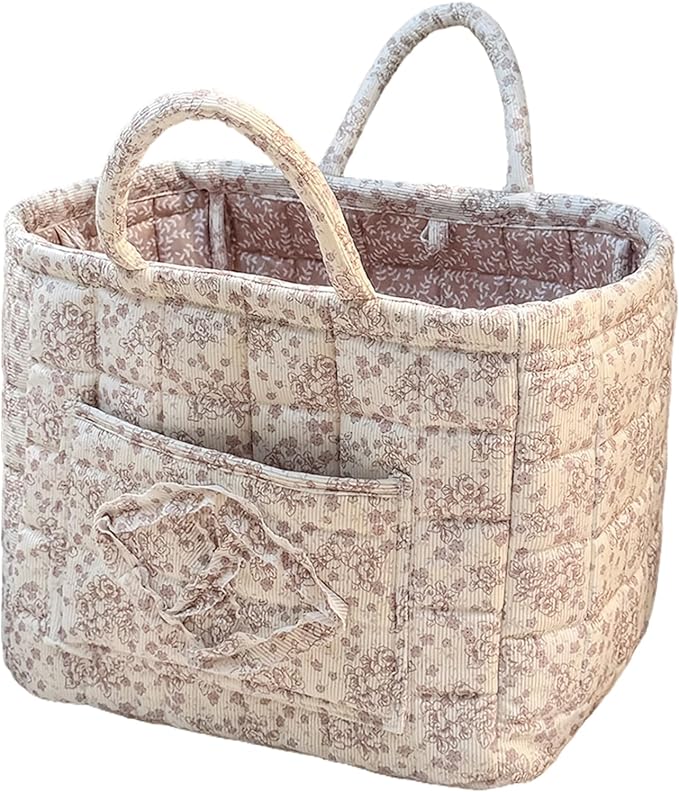 Quilted Storage Basket Boho Fabric Floral Laundry Nursery Basket Folding Quilted Baskets with handles for Car Clothes Toys