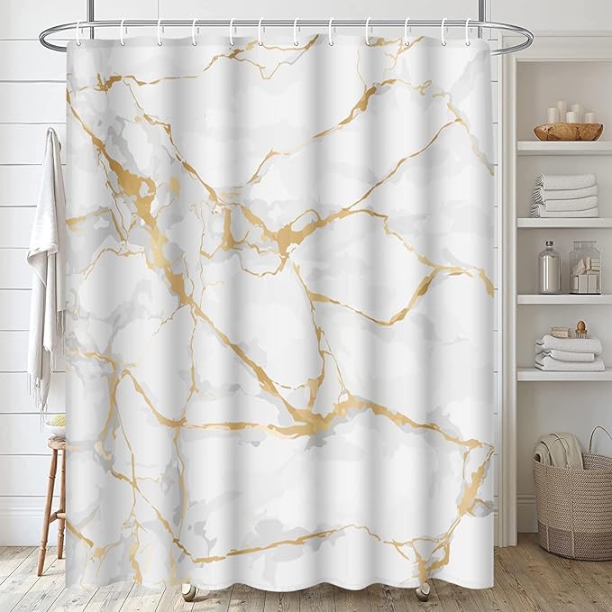 ArtSocket White Bathroom Set with Shower Curtain and Rugs and Accessories, Marble Gold Rose Stone Shower Curtain Set, Modern Mable Bathroom Decor 3-Piece Set