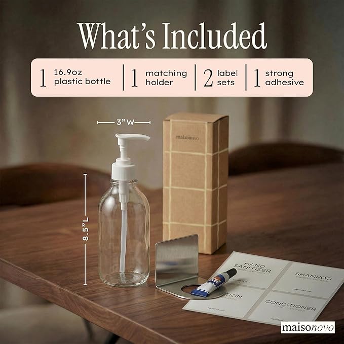 Shampoo and Conditioner Dispenser Wall Mounted Set of 1 Clear - No Drill Shower Soap Dispenser for Bathroom Refillable - Spa Hotel Style Accessories by MaisoNovo