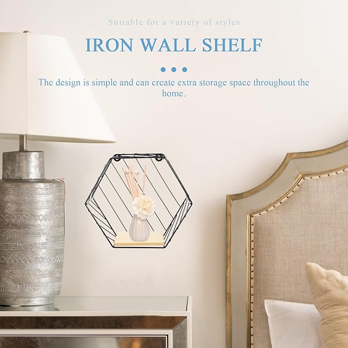 FOMIYES Wall Storage Shelf Iron Rack Black Hexagon Multi-Functional Wall-Mounted Shelf for Bathroom Kitchen Living Room Storage Organization