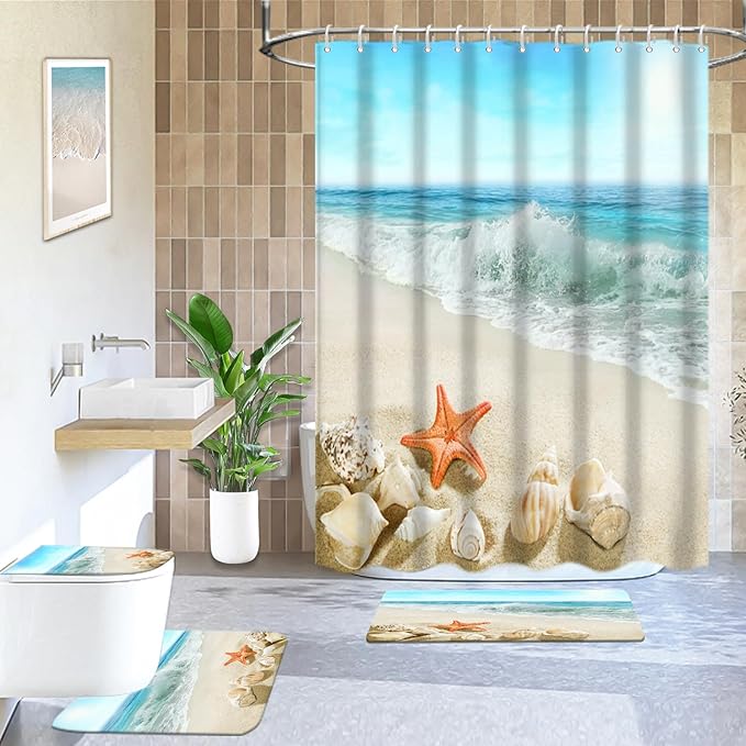 Lnond 4Pcs Summer Beach Bathroom Shower Curtain Sets with Rugs, Sand Starfish Seashell Bathroom Sets with Shower Curtain and Rugs and Accessories