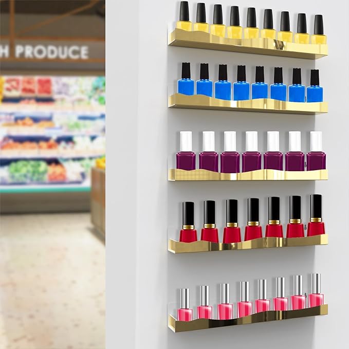 6 Pack Nail Polish Wall Rack Mirror Gold Acrylic Wall Mount Ledges with Stopper 15 Inch Kids Bookshelf Tattoo Ink Essential Oils Figurine Display Shelves Spice Rack for Salons Retailers Home
