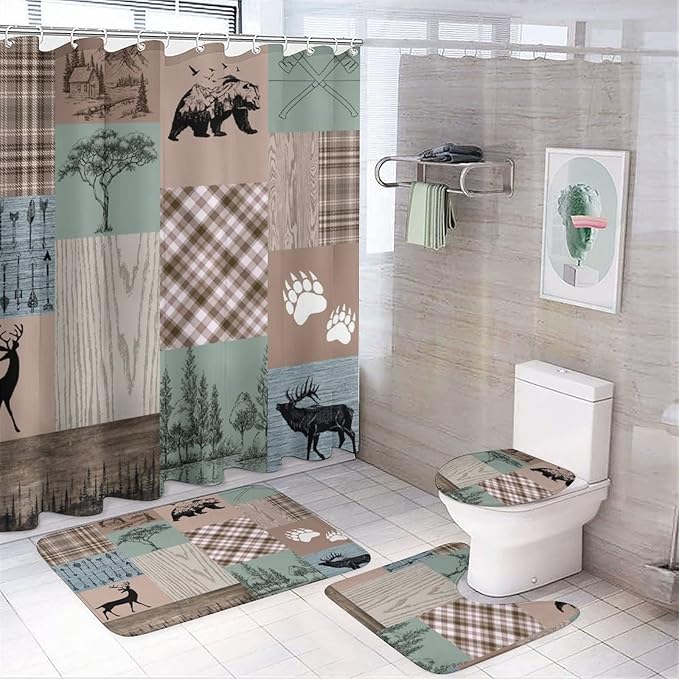 Rustic Cabin Lodge Bear Shower Curtain Sets with Rugs 4 Piece Accessories Bathroom Curtains Shower Set Include Shower Curtain Non-Slip Rug Toilet Lid Cover Bath Mat One Size