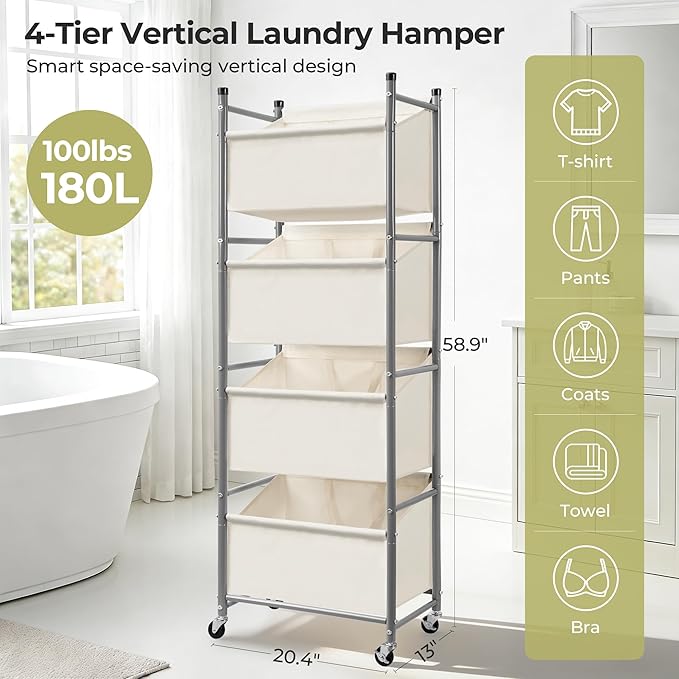 180L 4-Tier Rolling Laundry Hamper with Easy Access Removable Bag, Vertical Laundry Sorter Cart with Wheels & Brakes for Small Spaces, Dorm, Bedroom, Bathroom, Laundry Room, Beige
