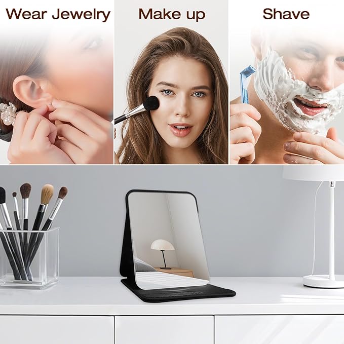 gogofree Foldable Desktop Mirror, 8" × 6" Adjustable Angle Makeup Mirror with Stand, Black Small Mirror for Travel Camping and Home (Black)
