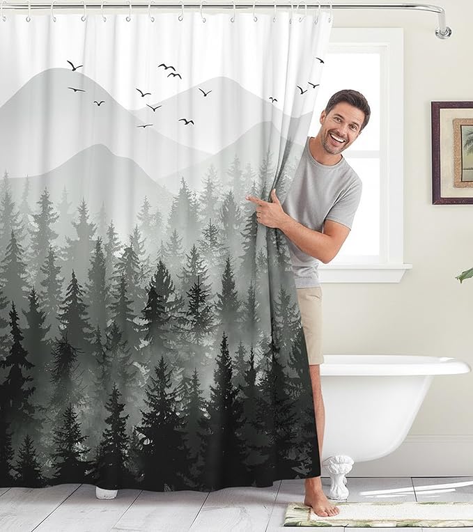 Accnicc Black and White Misty Forest Shower Curtain Ombre Dark Gray Mountain Pine Tree Waterproof Fabric Shower Curtains for Bathroom Grey Nature Woodland Decorative Bath Curtain Decor 72×72 Inches
