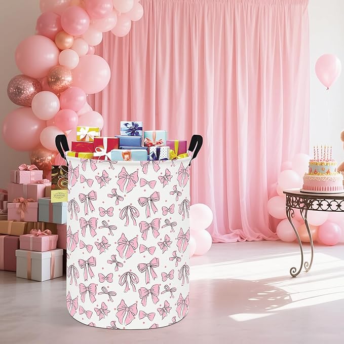 HUNRUNG Laundry Hamper,Large Canvas Fabric Lightweight Storage Basket Toy Organizer Dirty Clothes Collapsible Waterproof for College Dorms???Round-Pink Bow???
