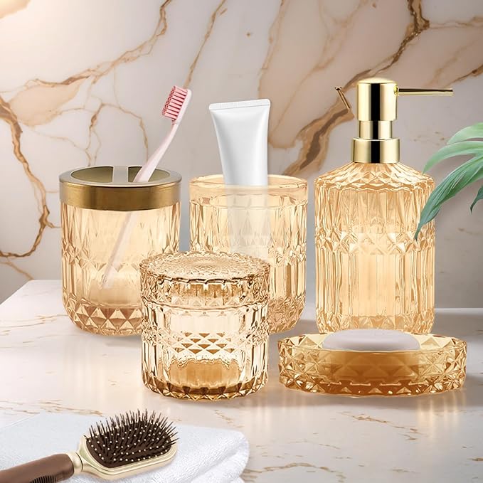 5Pcs Golden Bathroom Accessories Set, Glass Bathroom Accessories, Vintage Bathroom Countertop Decoration Includes Soap Dispenser, Toothbrush Holder, Qtip Holder,Soap Dish and Rinsing Cup