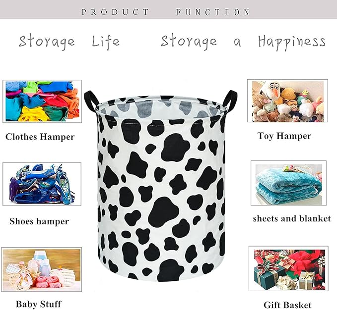 KUNRO Round Laundry Gift Basket Storage Hamper, Clothes Storage Organizer Bins, Shelf Basket with Handles for Room Decor (Rould Cow pattern)