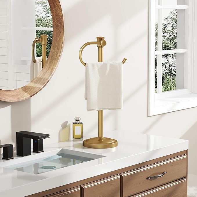 BESy 17 Inch Brushed Gold Stand Towel Bar Hanger Hand Towel Bar Bathroom Vanity Countertop Towel Holder Free Standing Stainless Steel Towel Ring Hardware Accessories Towel Rack