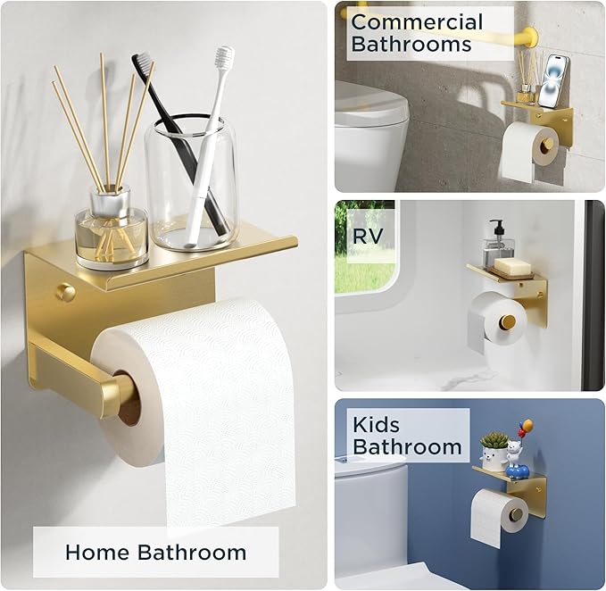 FORIOUS Toilet Paper Holder with Shelf, Adhesive or Screw Wall Mount Toilet Paper Roll Holder for Bathroom, 304 Stainless Steel Commercial Toilet Tissue Roll Dispenser with Phone Shelf (Brushed Gold)