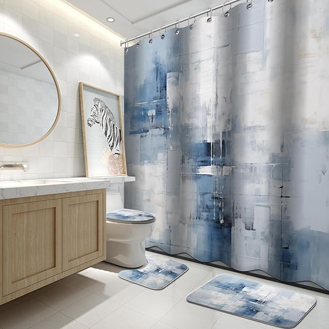 Lnond 4Pcs Bathroom Shower Curtain Sets with Rugs,Blue Grey Watercolor Painting Art Bathroom Sets with Shower Curtain and Rugs and Accessories