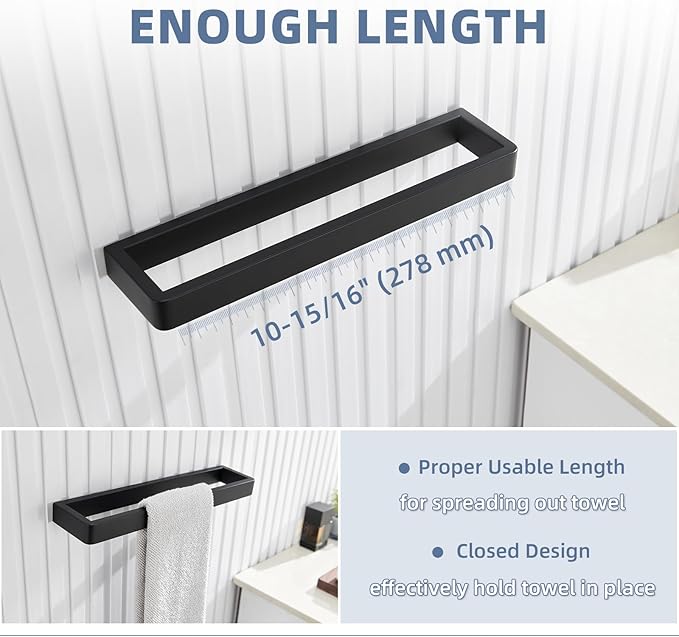 Angle Simple Hand Towel Holder for Bathroom, SUS 304 Stainless Steel Kitchen Towel Rack Hanger Wall Mounted 11.73" Matte Black
